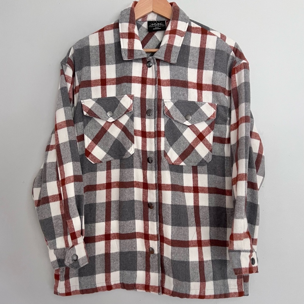 Oversized Plaid‎ Shirt Jacket Cabincore Flannel Heavyweight Snap Button Small